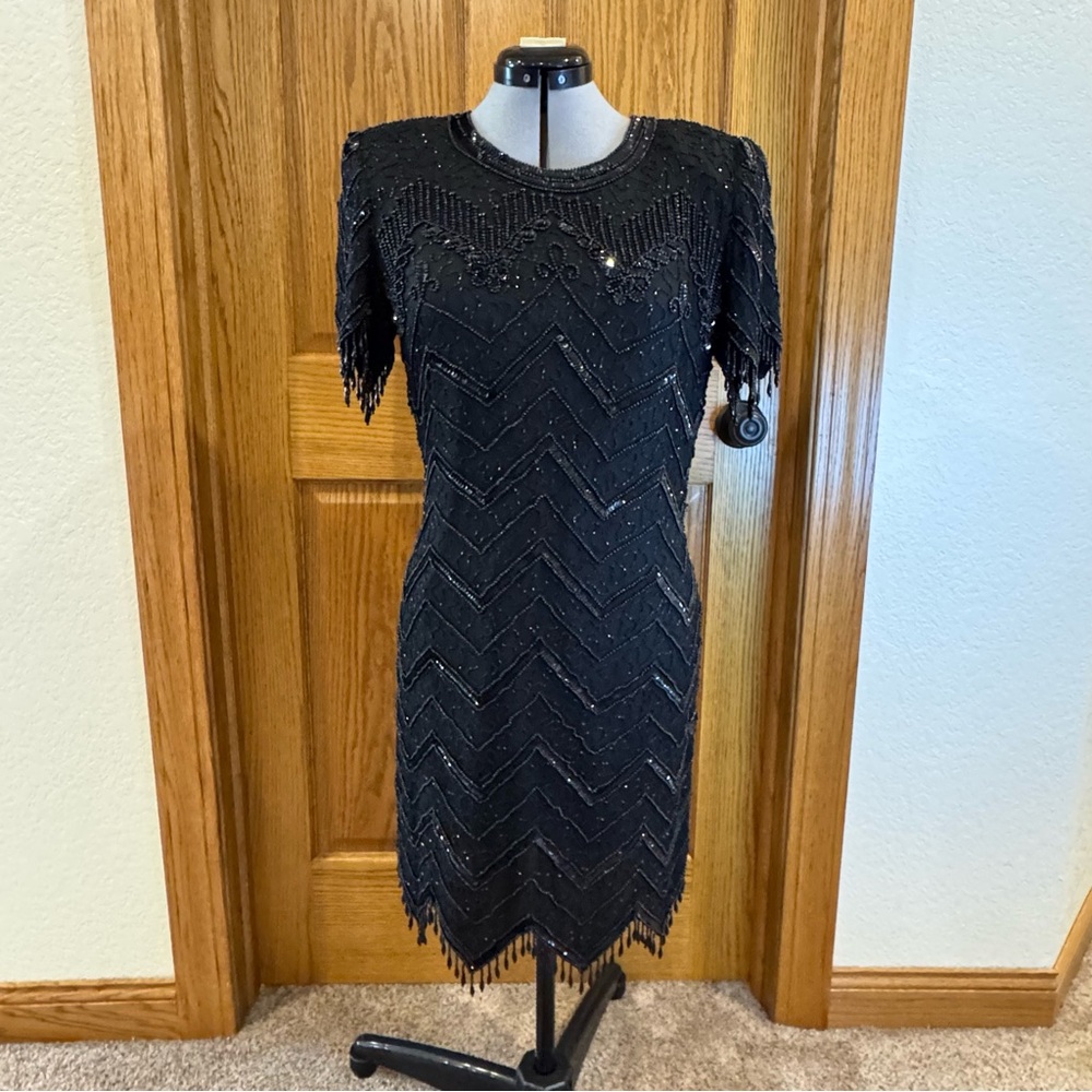 Vintage Robert Anthony Black Beaded Silk Dress – Size 8